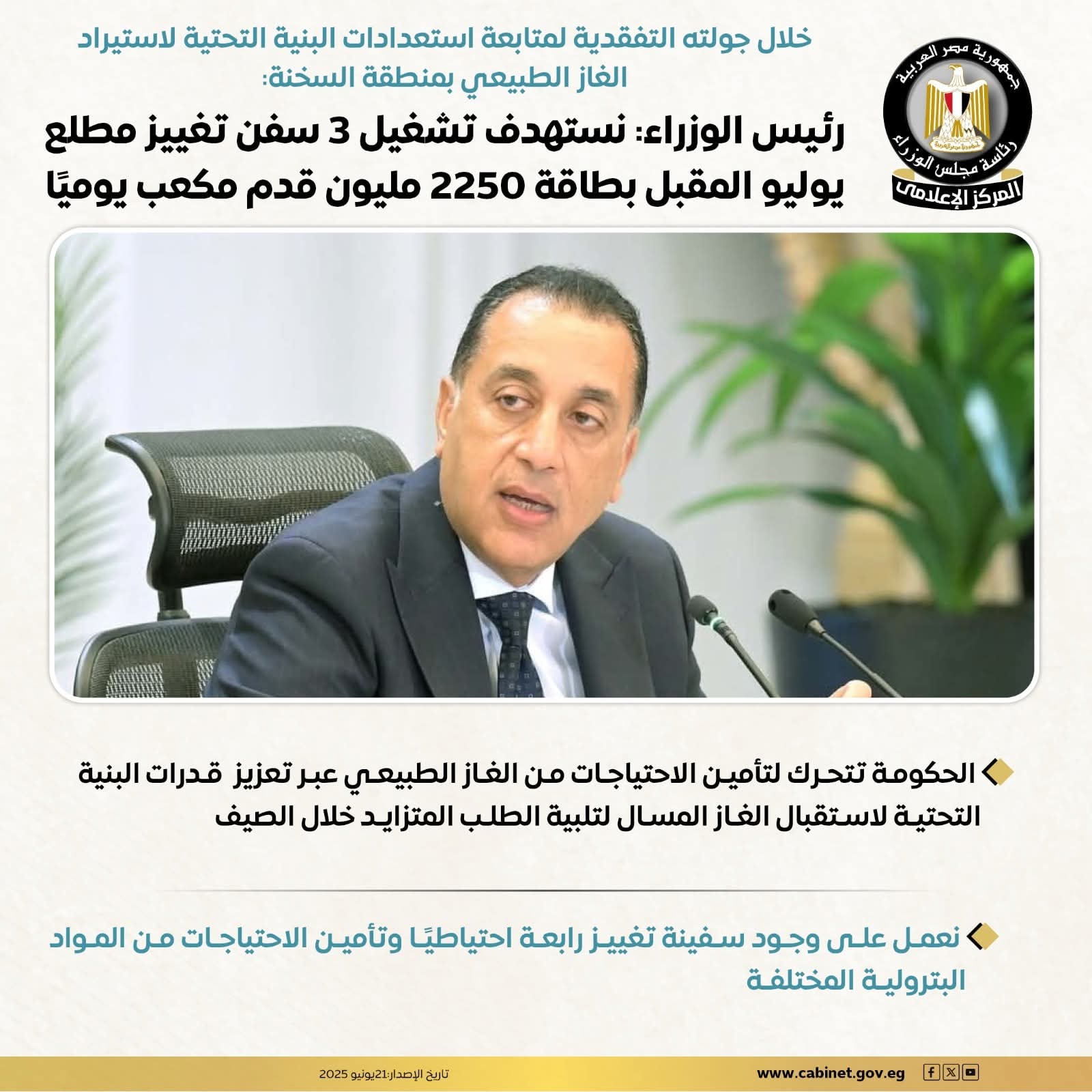 رئيس الوزراء: نستهدف تشغيل 3 سفن تغييز مطلع يوليو المقبل بطاقة 2250 مليون قدم مكعب يوميًا